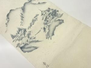 作家物 ひげ紬手描き寺院風景模様名古屋帯